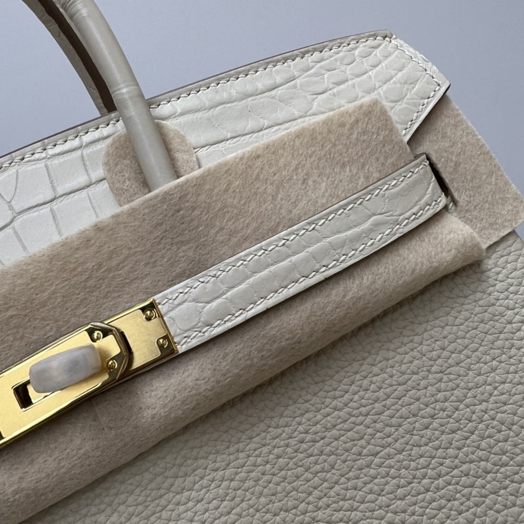 Hermes Touch Birkin 25CM Bag In Craie Togo and Matte Alligator Crocodile Leather